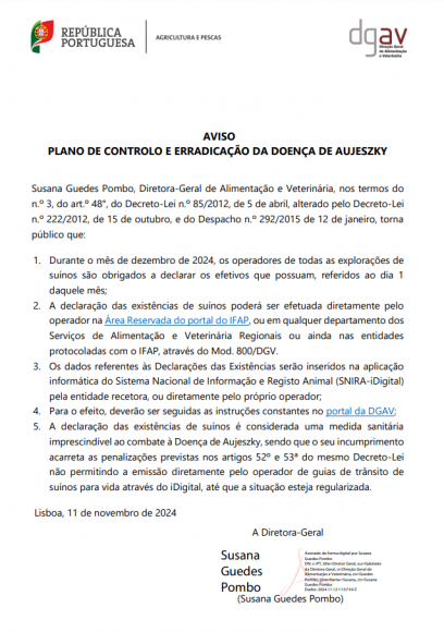 Plano de controlo e erradica&ccedil;&atilde;o da doen&ccedil;a de Aujeszky