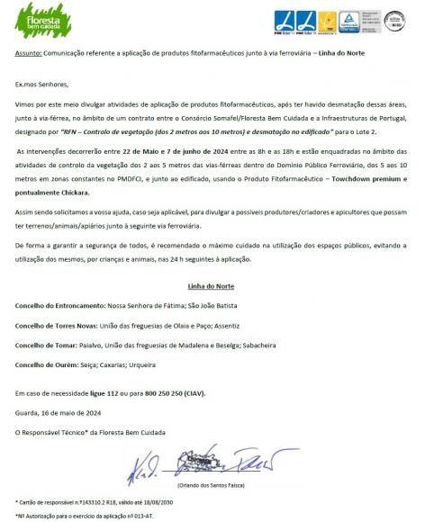 Aviso de aplica&ccedil;&atilde;o de produtos fitofarmac&ecirc;uticos